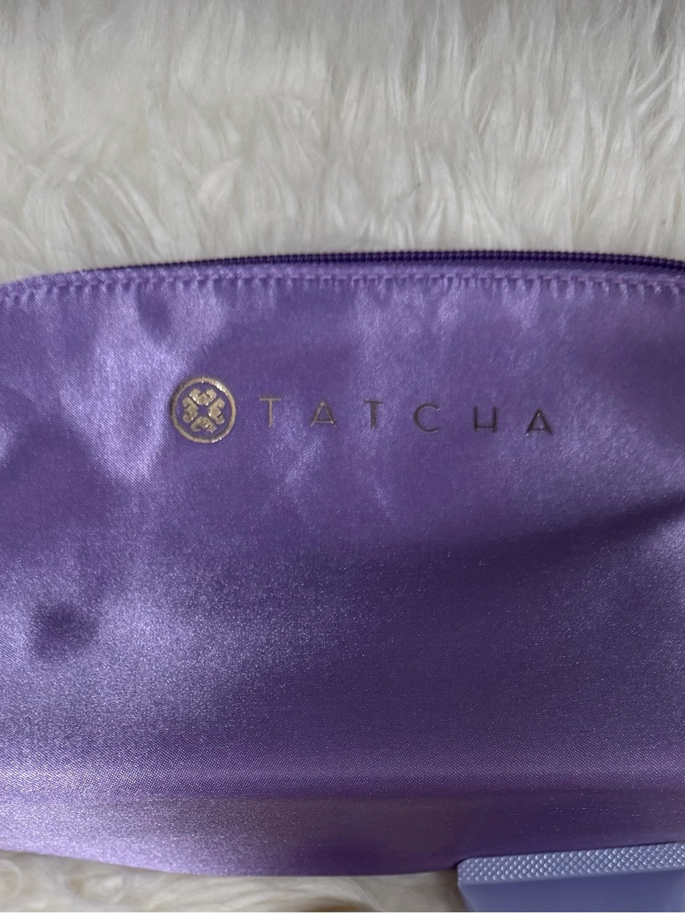 Tatcha Lavender Satin Cosmetic Pouch with Gold Logo